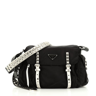 Prada New Vela Flap Messenger Bag Tessuto with Studded Leather Medium