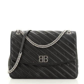 Balenciaga BB Chain Round Shoulder Bag Quilted Embroidered Leather Large
