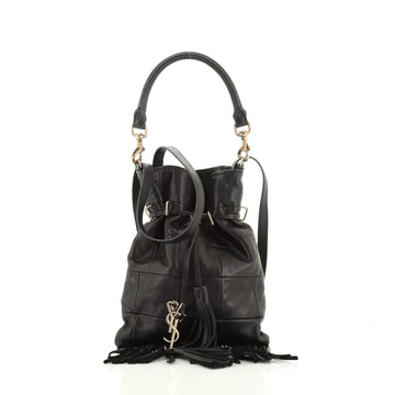 Saint Laurent Monogram Flat Bucket Bag Quilted Fringe Leather Small