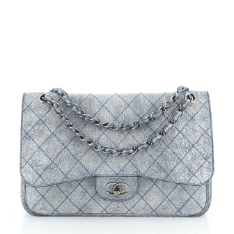 Chanel Classic Double Flap Bag Stitched Crackled Calfskin Jumbo