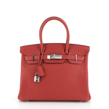 Hermes Birkin Handbag Red Clemence with Palladium Hardware 30