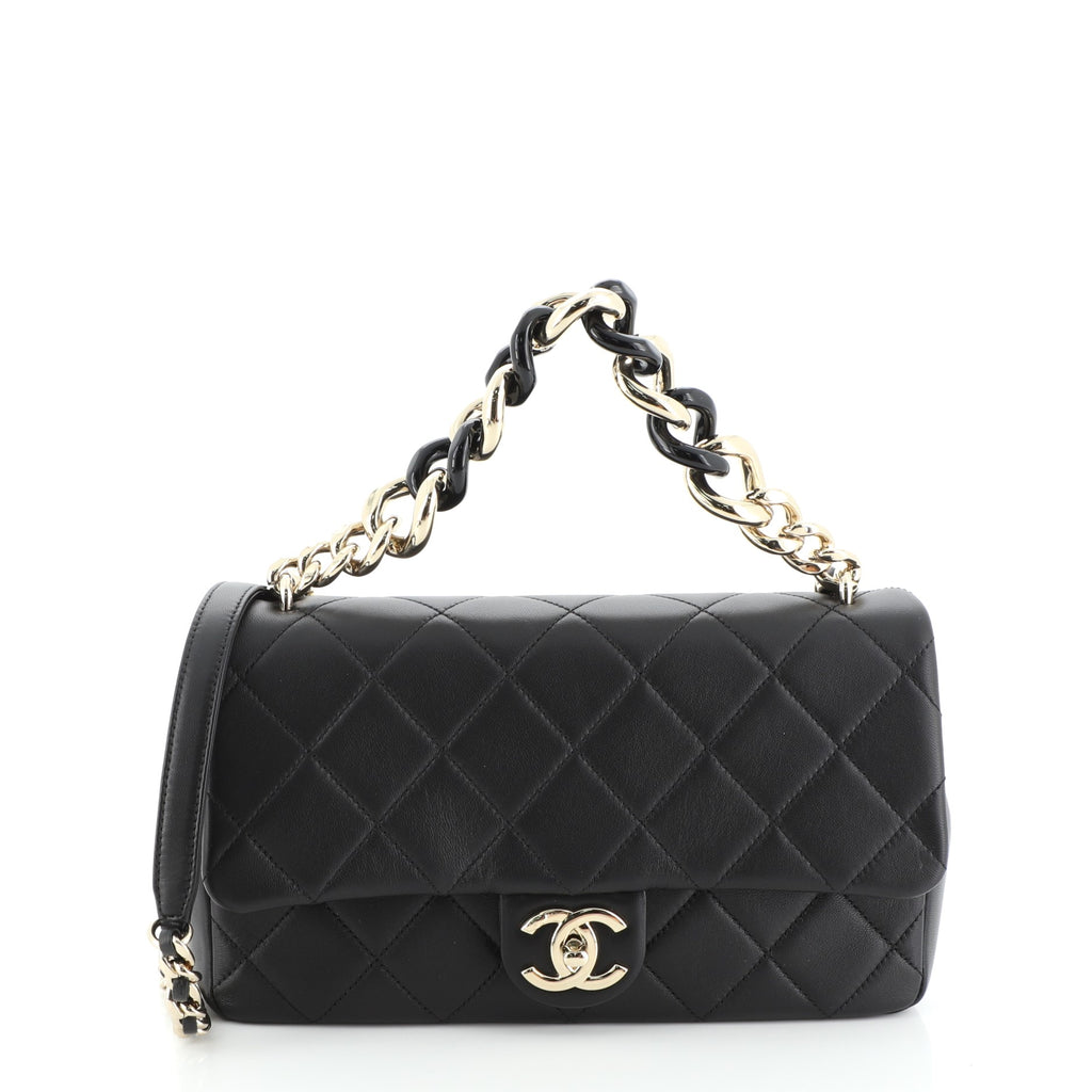 Chanel Elegant Resin Double Chain Flap Bag Quilted Lambskin Large Black  5453439