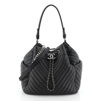 Chanel CC Chain Drawstring Bucket Bag Chevron Sheepskin Small