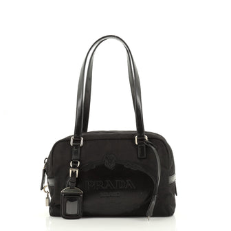 Prada Embossed Logo Bauletto Bag Tessuto with Leather Small