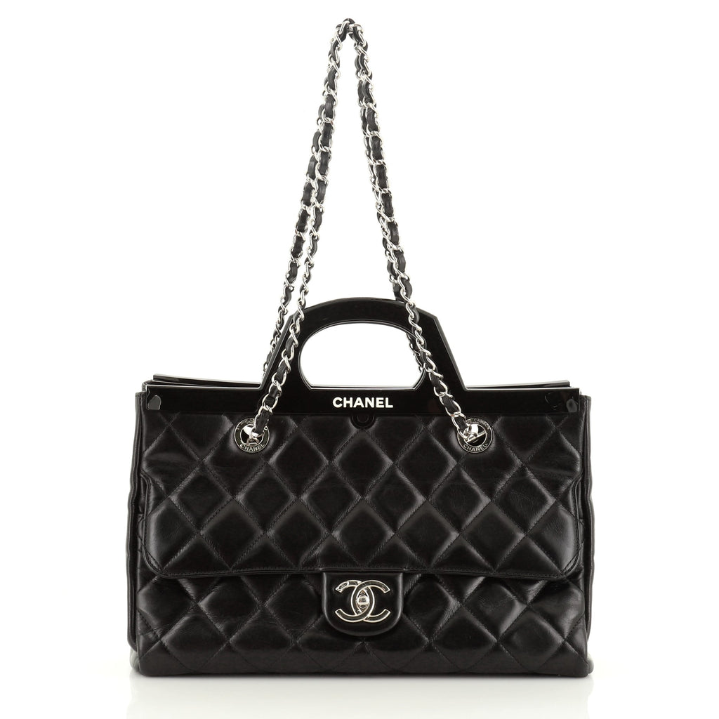 CHANEL Glazed Calfskin Quilted Large CC Delivery Tote Black 191125