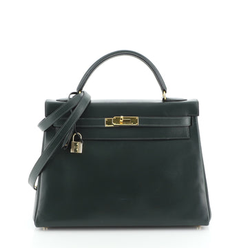 Hermes Kelly Handbag Green Box Calf with Gold Hardware 32