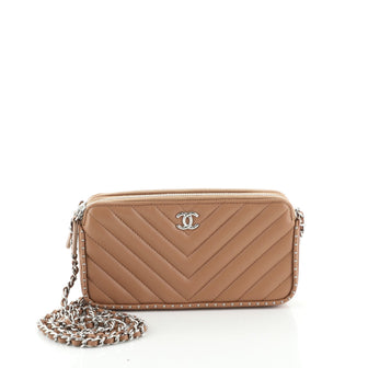 Chanel Double Zip Clutch with Chain Chevron Lambskin with Studded Detail