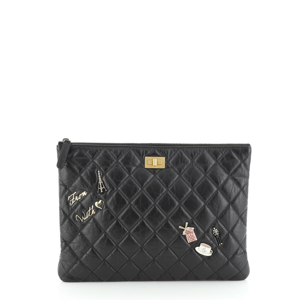 Chanel Lucky Charms Reissue 2.55 O Case Clutch Quilted Aged Calfskin Medium  Black 5490992