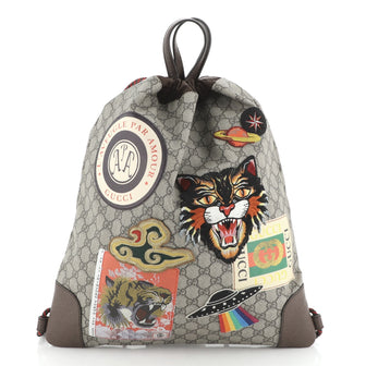 Gucci Courrier Soft Drawstring Backpack GG Coated Canvas with Applique Medium