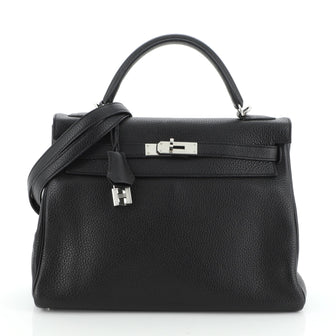 Hermes Kelly Handbag Black Clemence with Palladium Hardware 32