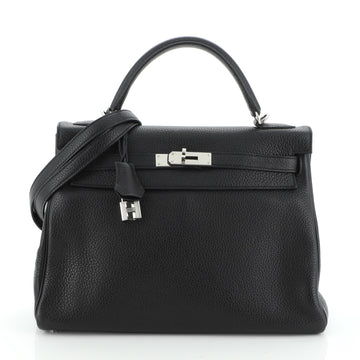 Hermes Kelly Handbag Black Clemence with Palladium Hardware 32