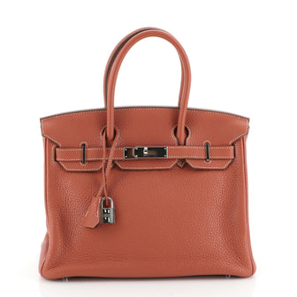 Hermes Birkin Handbag Red Clemence with Palladium Hardware 30