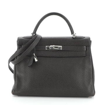 Hermes Kelly Handbag Brown Clemence with Palladium Hardware 32