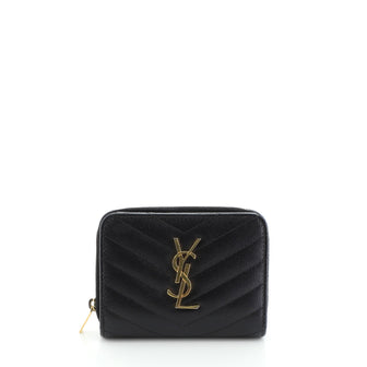 Saint Laurent Classic Monogram Zip Around Wallet Matelasse Chevron Leather Compact