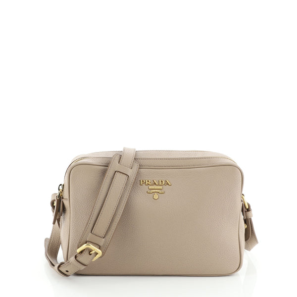 Prada Beige Vitello Daino Leather Double Zip Camera Crossbody Bag