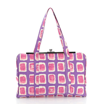 Chanel Vintage Kisslock Frame Shoulder Bag Printed Canvas Large