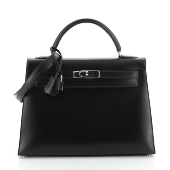 Hermes Kelly Handbag Black Box Calf with Palladium Hardware 32