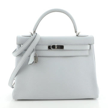 Hermes Kelly Handbag Blue Clemence with Palladium Hardware 32
