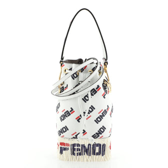 Fendi Mania Logo Mon Tresor Bucket Bag Printed Leather with Beaded Fringe Mini
