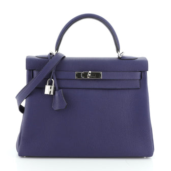 Hermes Kelly Handbag Blue Togo with Palladium Hardware 32