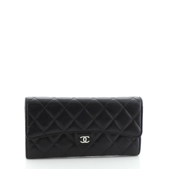 Black Quilted Lambskin Classic Long Flap Wallet