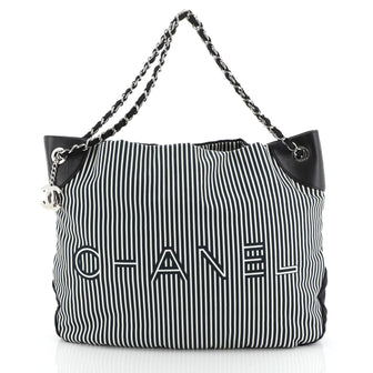 Chanel Logo Tote Striped Canvas Large