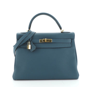 Hermes Kelly Handbag Blue Togo with Gold Hardware 32