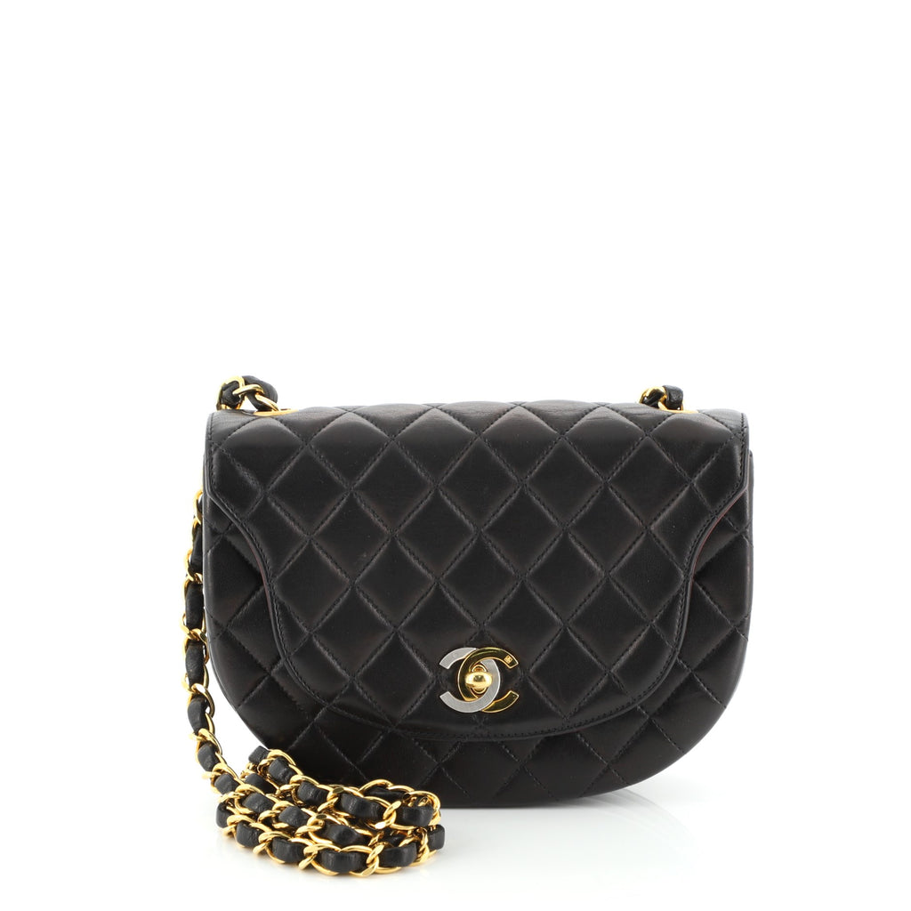 Chanel Vintage Half Moon Two Tone Chain Flap Quilted Lambskin Mini Black  557482