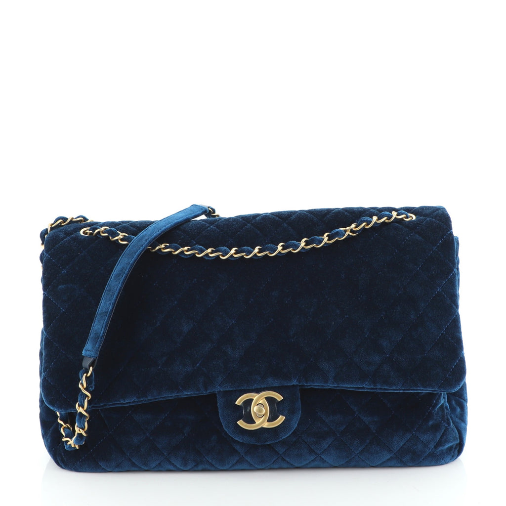 Chanel Airlines CC Flap Bag Quilted Velvet XXL Blue 557483