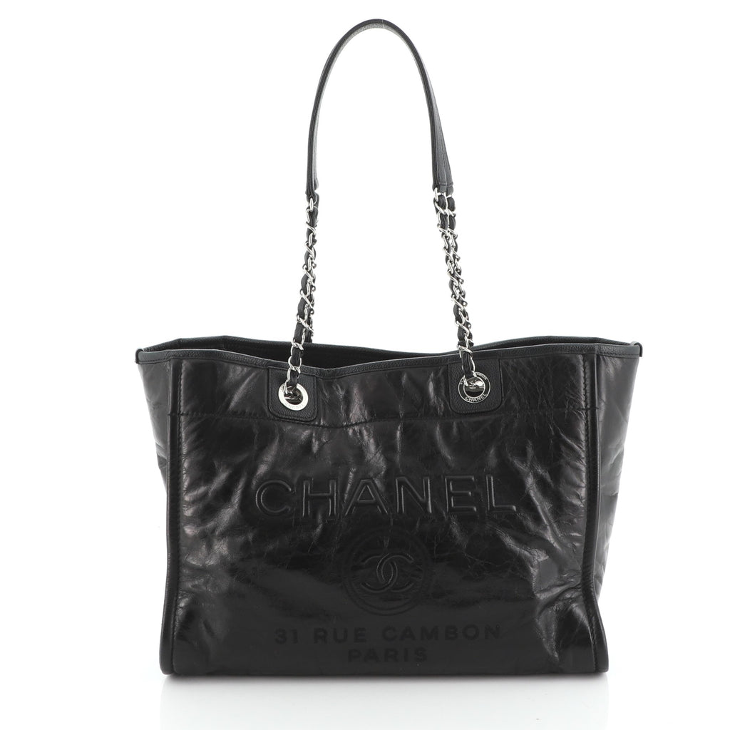 Chanel Black Glazed Leather Deauville Small Shopping Tote Bag