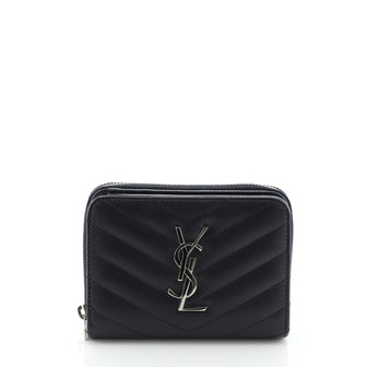 Saint Laurent Classic Monogram Zip Around Wallet Matelasse Chevron Leather Compact