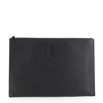 Saint Laurent Classic Monogram Zip Pouch Crocodile Embossed Leather Large