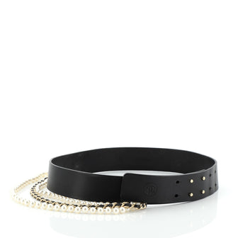 Chanel Vintage Chain Belt Leather with Faux Pearls Wide
