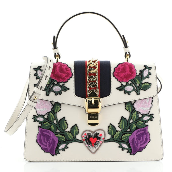 Gucci Sylvie Top Handle Bag Embroidered Leather Medium 55969