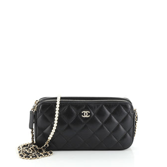 Double Zip Clutch with Pearl Chain Quilted Lambskin