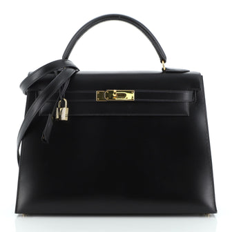 Hermes Kelly Handbag Black Box Calf with Gold Hardware 32