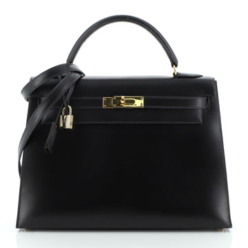 Hermes Kelly Handbag Black Box Calf with Gold Hardware 32