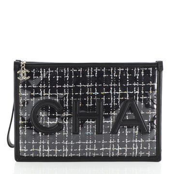 Chanel Logo Wristlet Clutch PVC Over Quilted Tweed Large