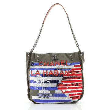 Chanel Cuba La Habana Chain Hobo Sequin Embellished Canvas Medium