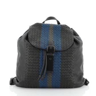 Bottega Veneta Drawstring Flap Backpack Leather with Intrecciato Large