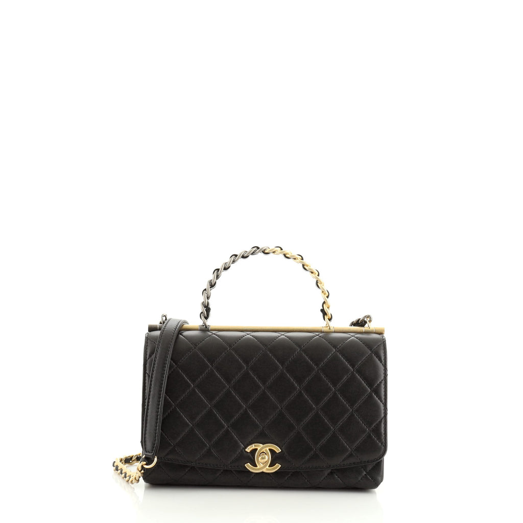Chanel Two Tone Chain Handle Flap Bag Quilted Lambskin Small Black
