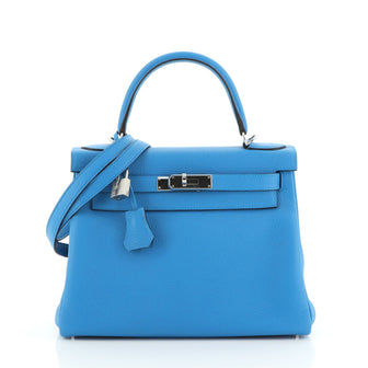 Hermes Kelly Handbag Blue Togo with Palladium Hardware 28