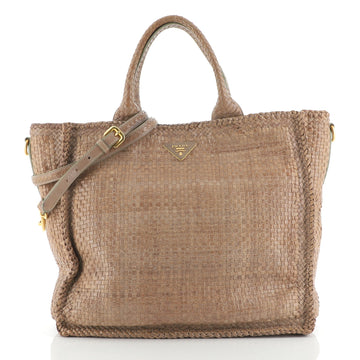 Prada Convertible Open Tote Madras Woven Leather Large