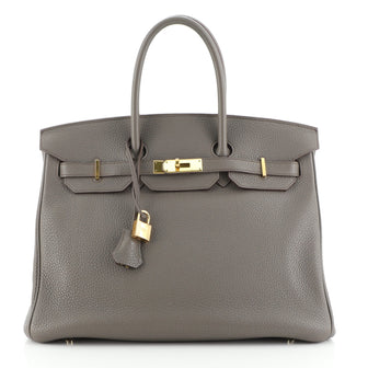 Hermes Birkin Handbag Grey Clemence with Gold Hardware 35