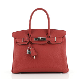 Hermes Birkin Handbag Red Clemence with Palladium Hardware 30