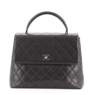 Chanel Vintage Classic Top Handle Flap Bag Quilted Caviar Jumbo