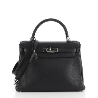 Hermes Kelly Handbag Black Clemence with Palladium Hardware 28