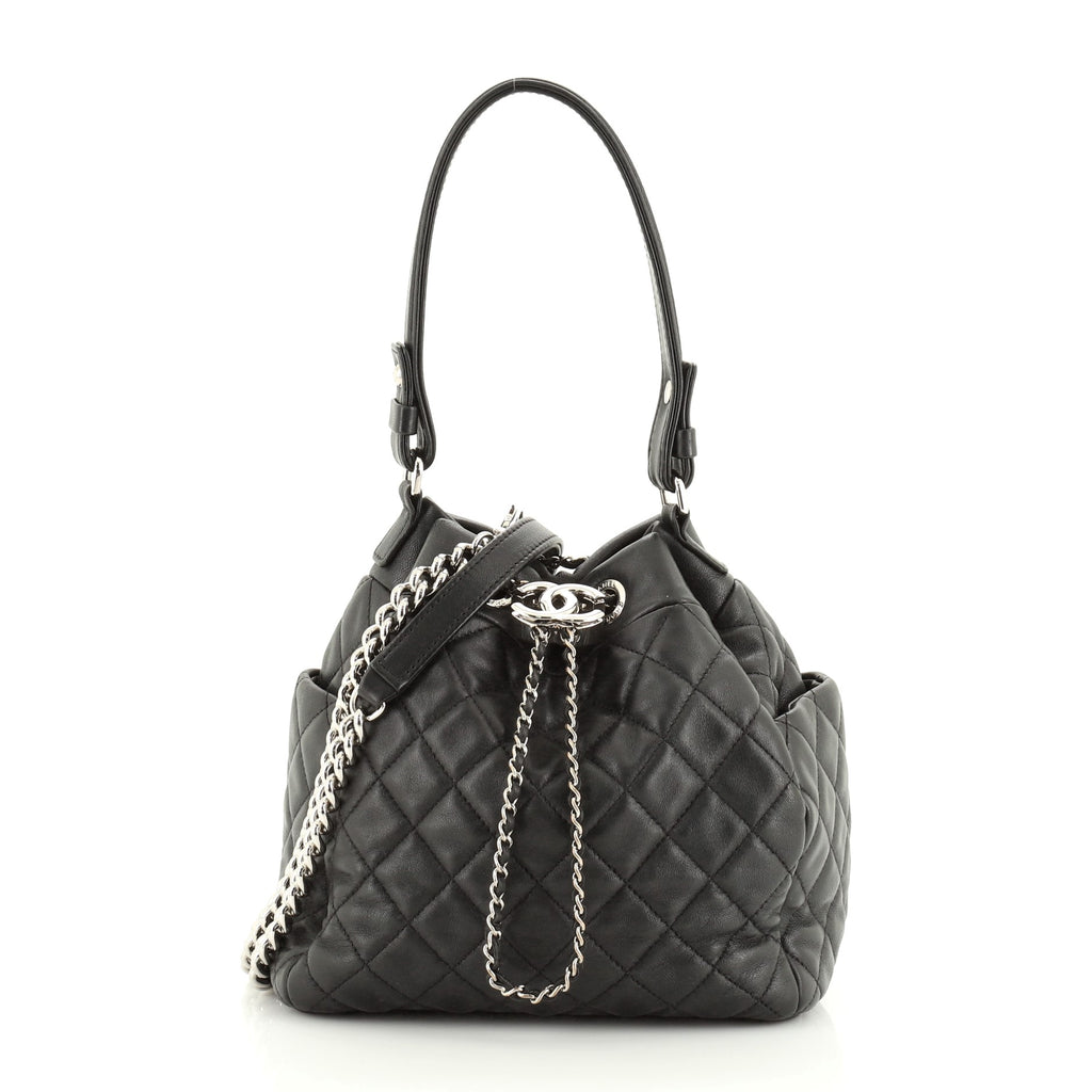 Chanel Navy Quilted Caviar Rolled Up Drawstring Bucket Bag Gold