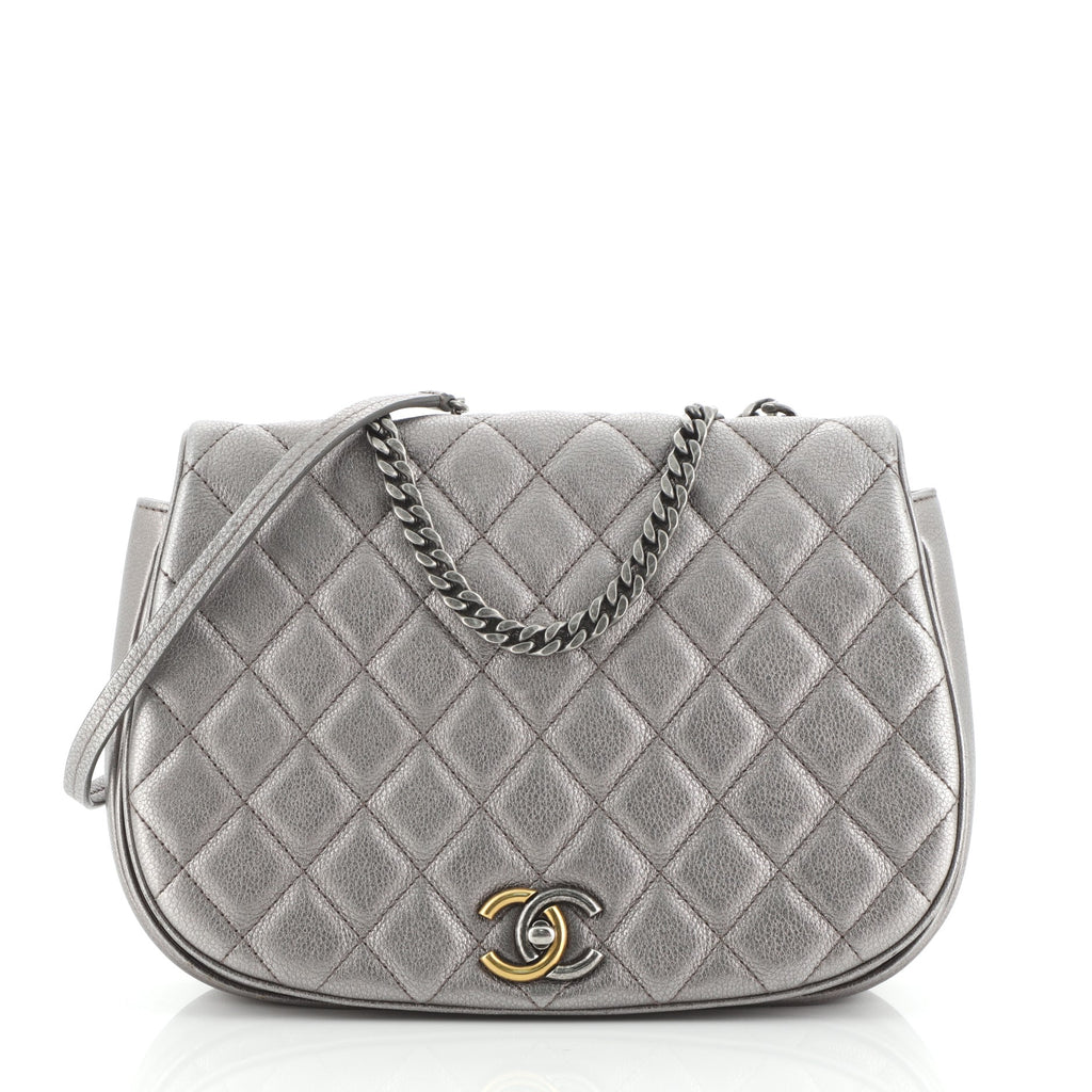 Chanel Casual Pocket Flap Messenger Bag Quilted Caviar Medium Silver 5698764