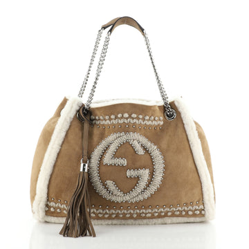 Gucci Soho Chain Strap Shoulder Bag Studded Suede with Shearling Medium